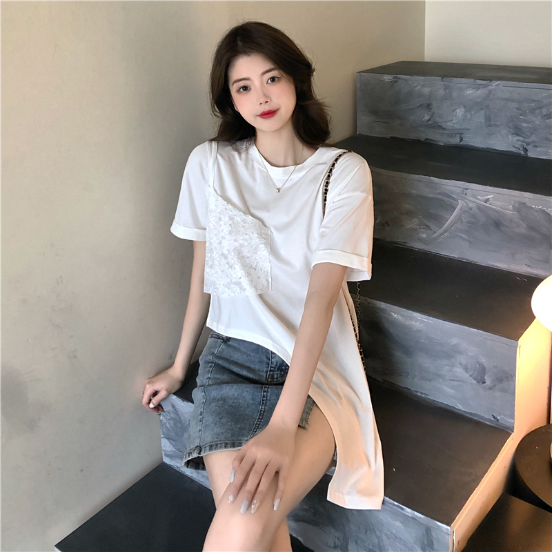 Áo thun nữ SUXI tay ngắn phối ren vạt không đối xứng phong cách Hàn Quốc