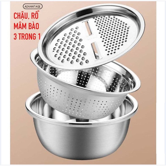 Bộ rổ và chậu inox kèm mâm nạo và gọt vỏ rau, củ, quả 3 trong 1 đa năng, tiện dụng, tiết kiệm -DATHANG1688