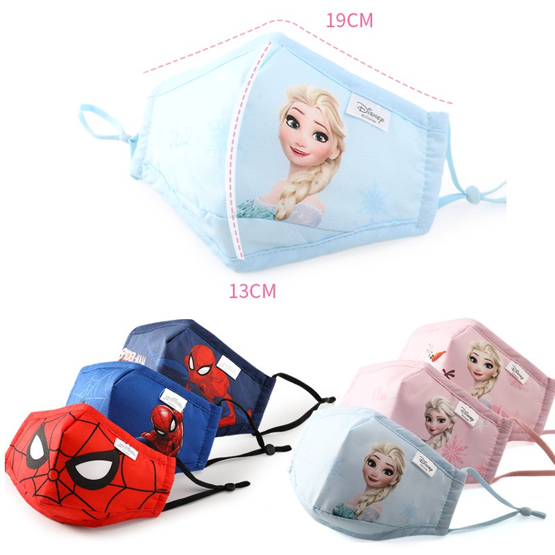 Khẩu trang bé trai, bé gái Disney Spider Man/Elsa，Khẩu trang vải Elsa 3 lớp, dây rút điều chỉnh độ rộng