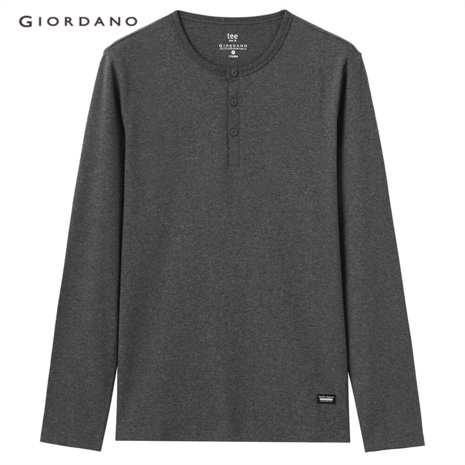 Áo thun GIORDANO 01021803 cổ áo henley viền dày dặn tay dài thời trang cho nam