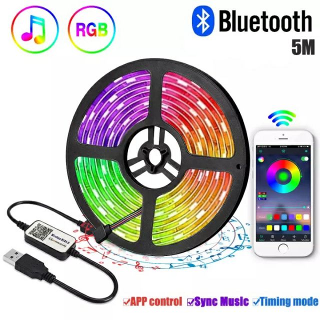 Cuộn 5m Led dây RGB 5050 DC 5V +  Bộ điều khiển qua Bluetooth bằng điện thoại thông minh