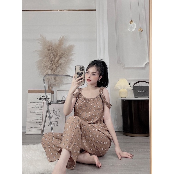 Set bộ mặc nhà hàng thiết kế hai dây trễ vai đồ ngủ dễ thương cho nữ