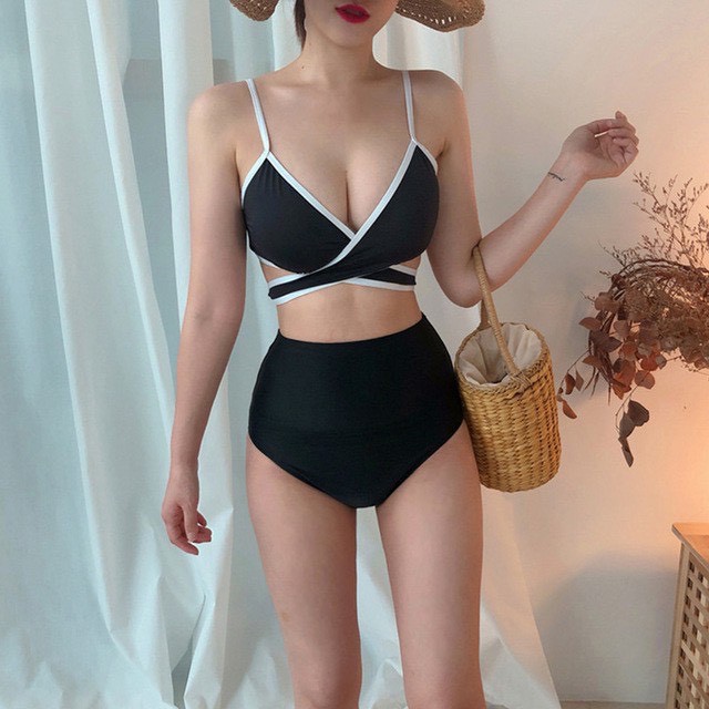 Bikini bộ đồ bơi đi biển dành cho nữ hai mảnh áo buộc chéo màu đen viền trắng | BigBuy360 - bigbuy360.vn