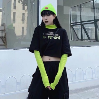 Áo croptop ulzzang cao cổ mix áo dài tay xanh leon 2020 KÈM 2 ẢNH THẬT CUỐI
