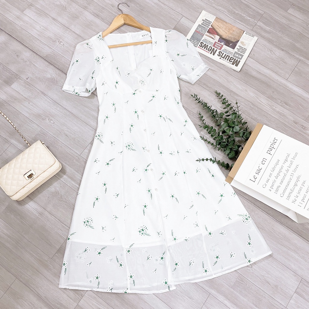 ✨BÁN SỈ✨Đầm voan trắng hoa xanh 2 lớp nhún ngực 2 lớp