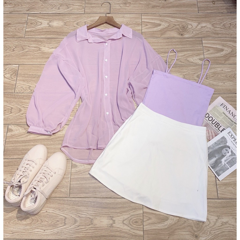 Set 3 món áo sơ mi voan kèm áo lót 2 dây cùng chân váy chữ A xinh thanh lịch