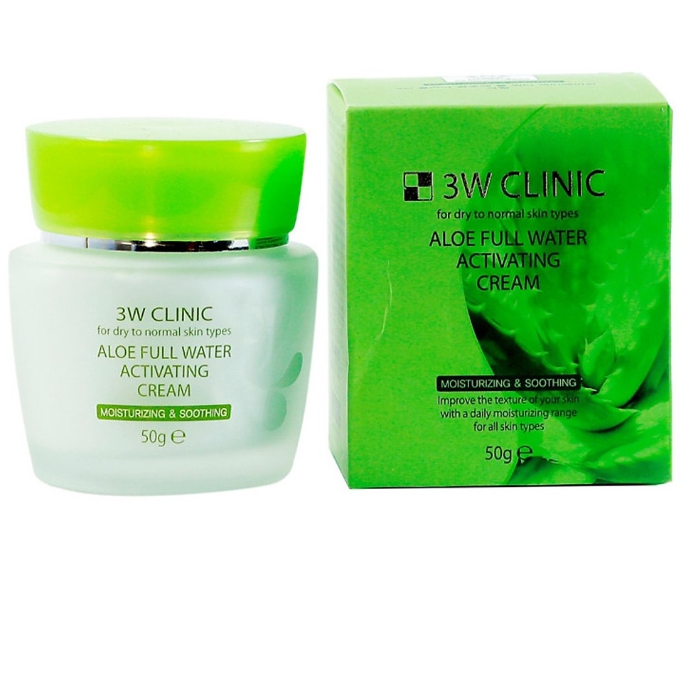 Kem Dưỡng trắng da lô hội 3W Clinic Aloe Full Water Activating Cream 50g/Hộp- HÀNG CHÍNH HÃNG