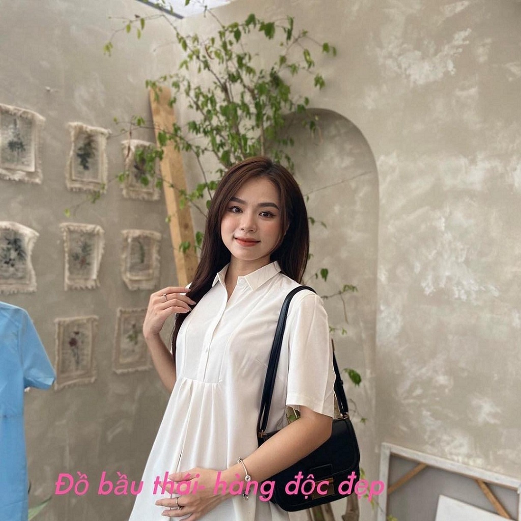 Áo Bầu Công Sở Sơmi Trắng Cộc Tay - Chất Đũi Đẹp Cực Mềm Nhẹ Mát, Trẻ Trung