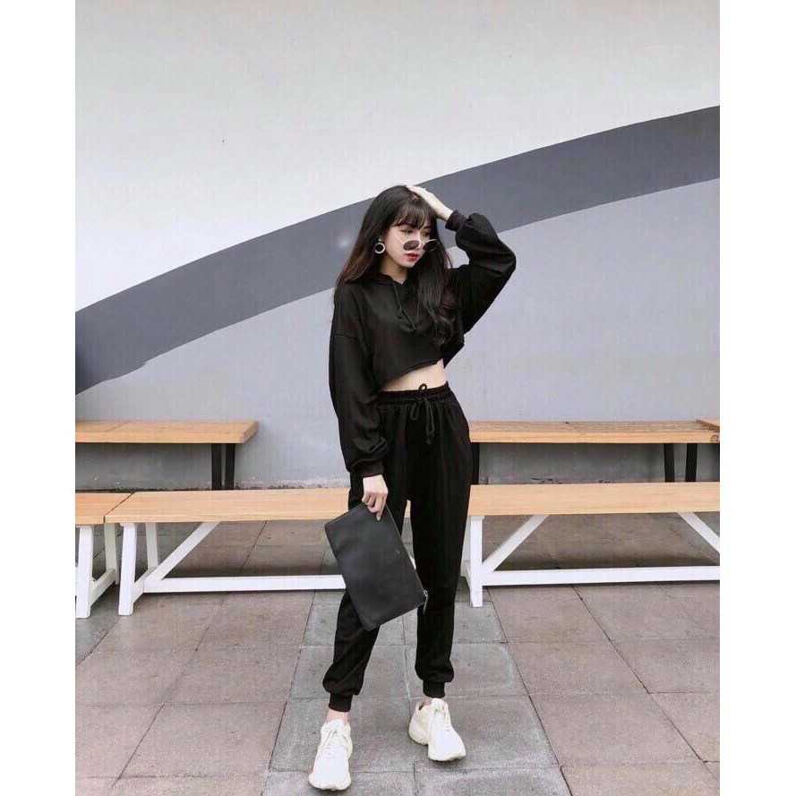 ÁO THUN CROPTOP TRƠN CÓ NÓN FORM RỘNG TAY DÀI ULZZANG - ÁO NHÓM CROP HOODIE BASIC 1 | BigBuy360 - bigbuy360.vn