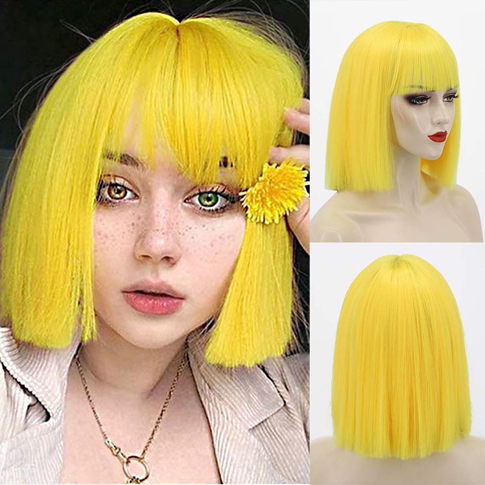 Bộ Tóc Giả Ngắn Mái Ngang Nhuộm Màu Vàng Hồng Chất Liệu Sợi Tổng Hợp Chịu Nhiệt Thời Trang Cho Nữ