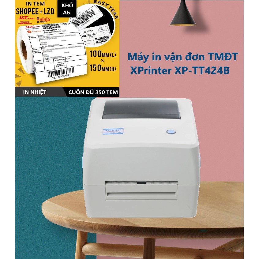 Máy In Đơn Hàng, Tem Nhãn Nhiệt  XPrinter XP- TT 424B dùng cuộn giấy in nhiệt A6 chữ in siêu nét