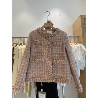 Áo khoác BEST hồng dạ tweed cổ tàu viền xù cúc kim loại cùng màu