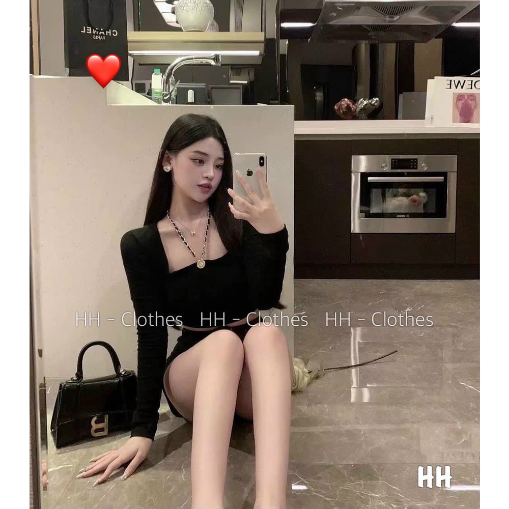 Áo thun kiểu nữ cổ vuông tay dài phối dây xích hot