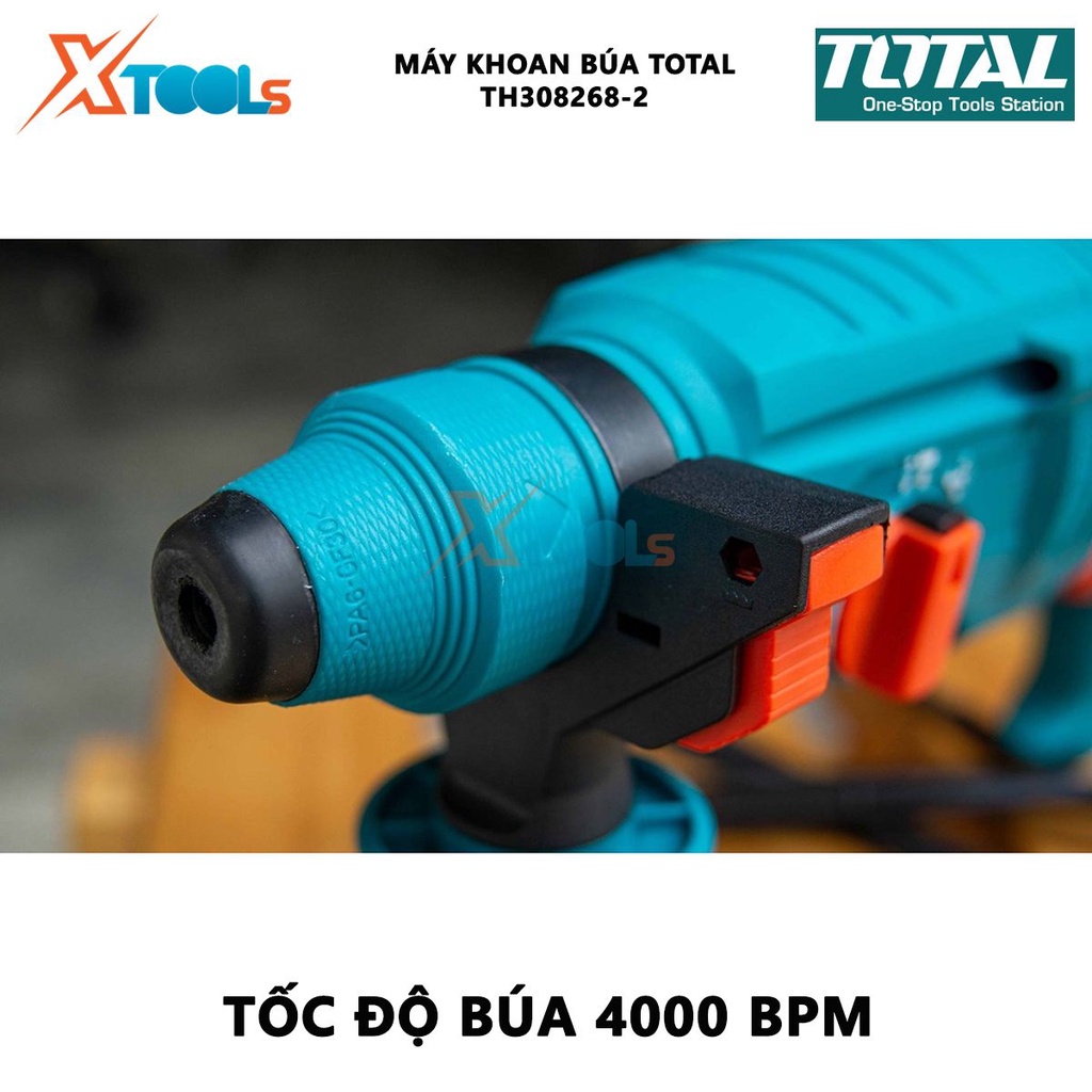 Máy khoan búa cầm tay 3 chức năng 800w TOTAL TH308268-2 đầu gài sds plus, tốc độ 1100rpm, tốc độ búa 4000bpm, lực đập 2