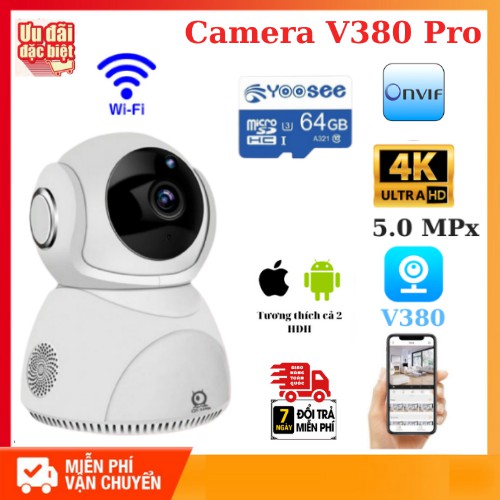 Camera wifi Xoay 360 V380Pro Q8, 5.0 MPX siêu nét Nhận diện khuôn mặt Đàm thoại 2 chiều