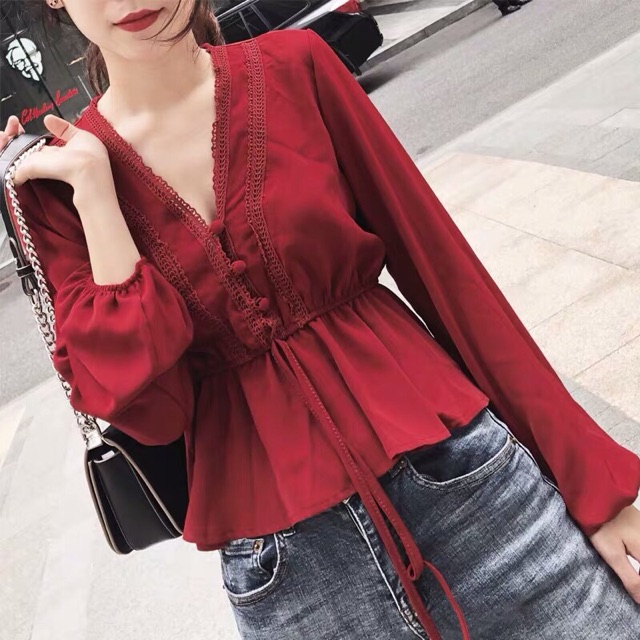 Áo kiểu voan viền ren nơ eo HÀNG Y HÌNH, K ĐÍNH NÚT