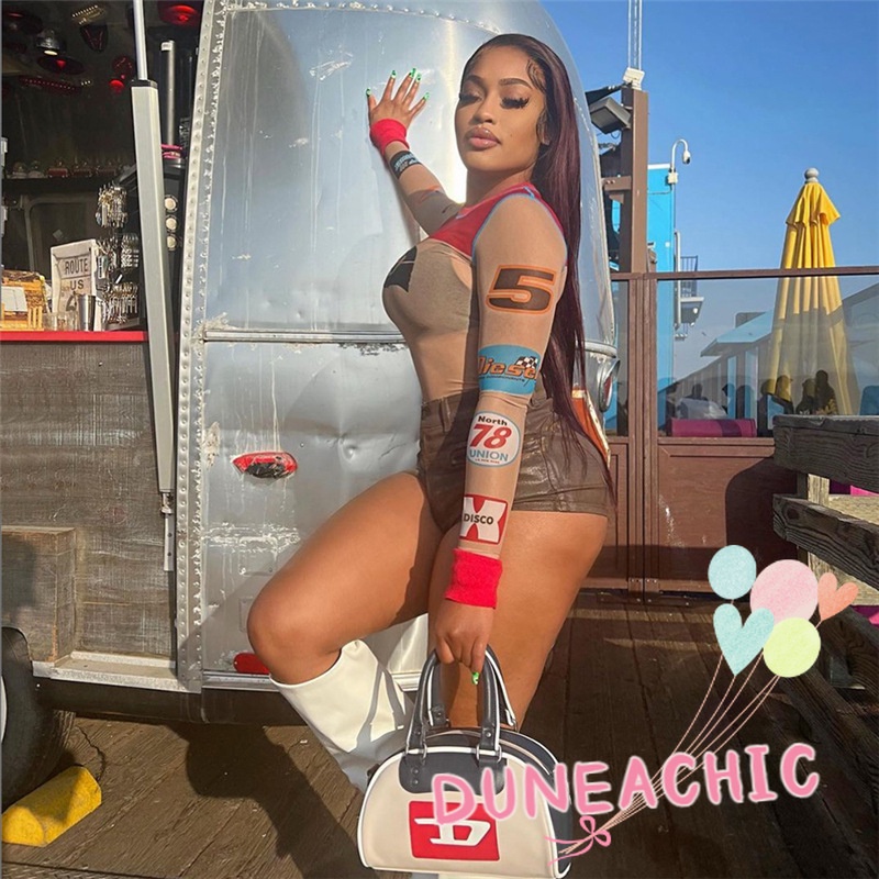 DUNEA Áo Thun Tay Dài In Họa Tiết Phối Lưới Thời Trang Cho Nữ