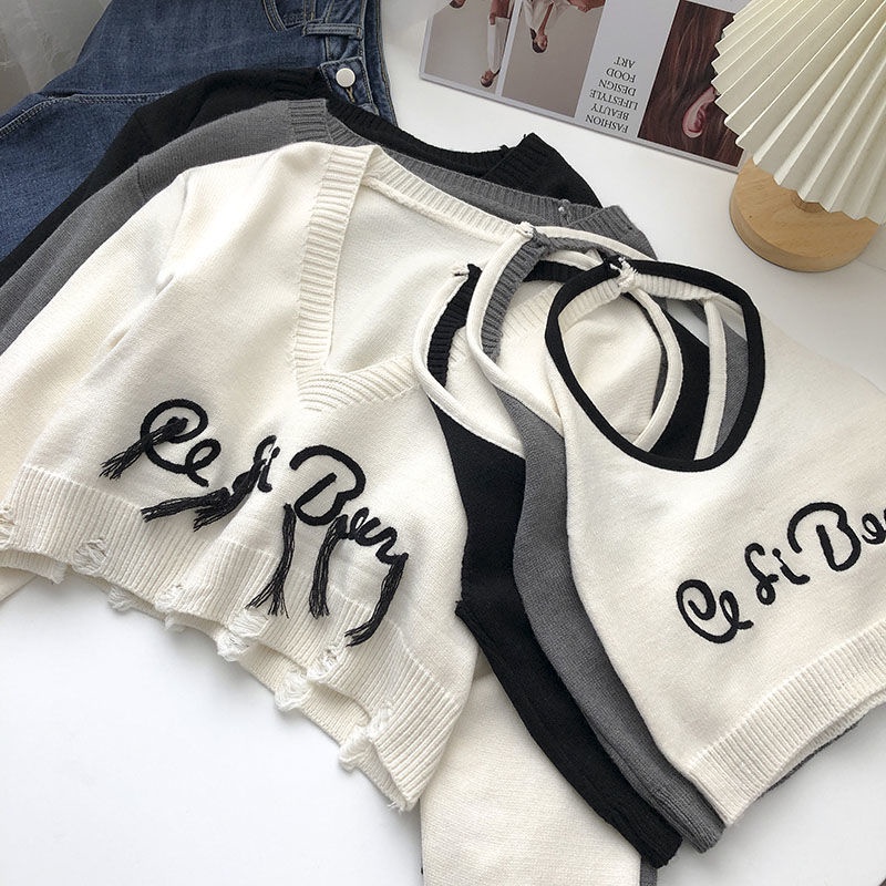 Set Áo Thun Dài Tay In Chữ + Áo Len Không Tay Phong Cách Hàn Quốc Dành Cho Nữ