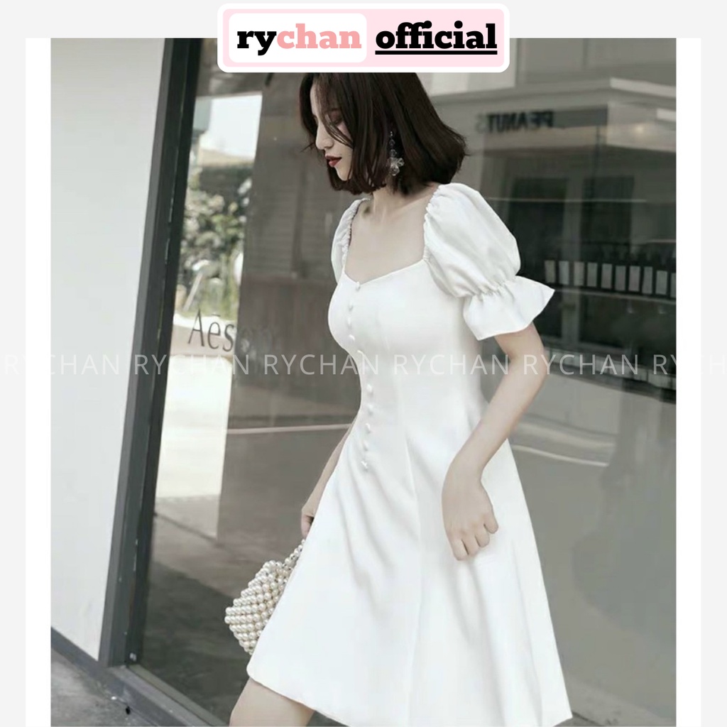 Đầm Xòe Trắng Cổ Vuông Tay Phồng Nút Bọc Lót Trong Dày Dặn - DX0141