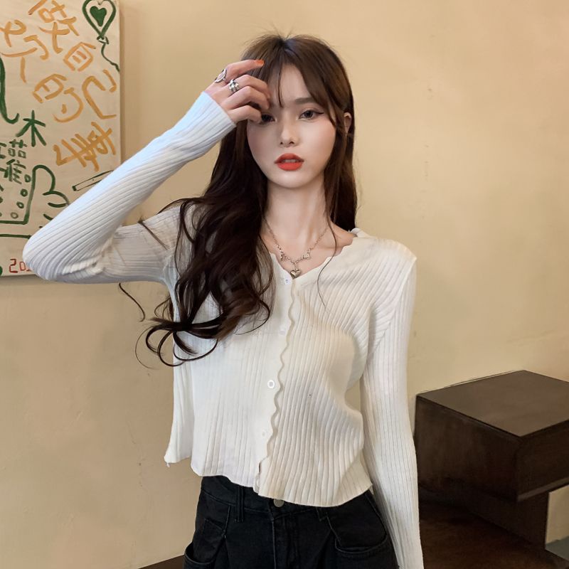 💓áo croptop tay dài Áo Cardigan Dệt Kim Tay Dài Cổ Chữ v Màu Hồng Kèm Quần Lưng Cao Thời Trang Dành Cho Nữ