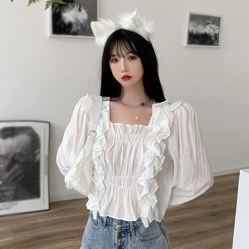 Áo Sơ Mi Chiffon Tay Dài Cổ Vuông Màu Sắc Ngọt Ngào Phong Cách Hàn Quốc Cho Nữ