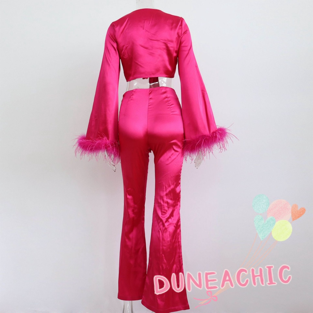 DUNEA Áo cổ chữ V phối lông vũ/ Chân váy/ Quần dài xẻ tà thời trang quyến rũ dành cho nữ