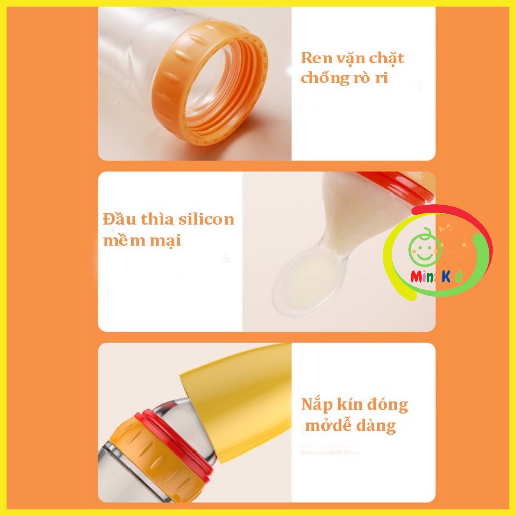 Bình Thìa Ăn Dặm Silicon Siêu Mềm Đút Cháo Cho Bé Dung Tích 90ml Có Nắp Chống Tràn Tiện Lợi An Toàn BAD02 Minakids