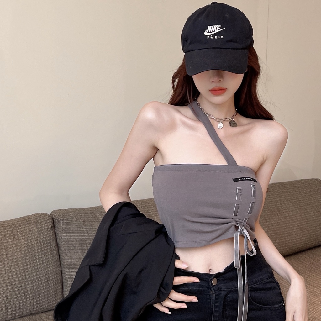 Áo Hai Dây Dáng Ngắn Phối Dây Rút Thời Trang Quyến Rũ Cho Nữ