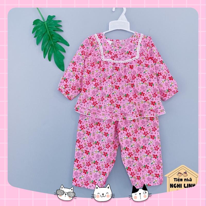 Bộ hè bé gái- quần áo trẻ em vải tole lanh tay dài quần dài cổ viền ren vuông cho bé từ 8-32kg Tiệm nhà Nghi Linh