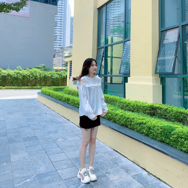 Áo babydoll viền bèo hở vai 👚 free ship 👚 hàng mẫu tự chụp chất đẹp không nhăn