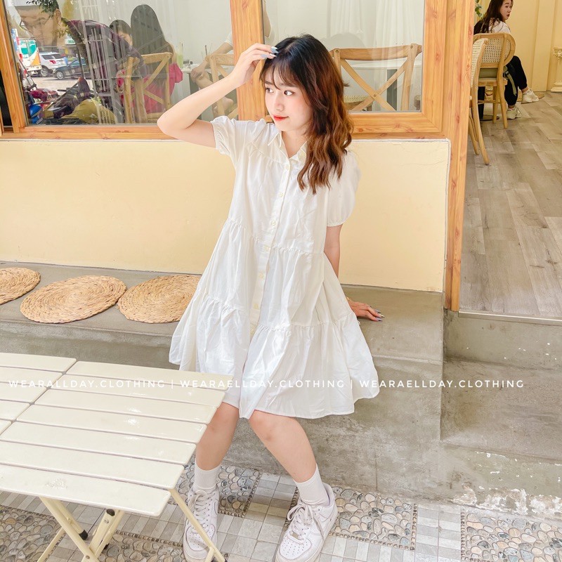 Váy Sơ Mi Babydoll Trắng Dáng Xoè, Mẫu đầm Sơ mi dáng xoè tầng 2 màu trắng nâu hàng thiết kế form đẹp | BigBuy360 - bigbuy360.vn