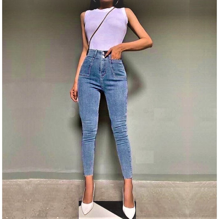 Quần Jean Nữ Lưng Cao 2 cúc + 2 Túi bầu chất jean giãn tốt loại 1 - 4 MÀU HOTTREND 1