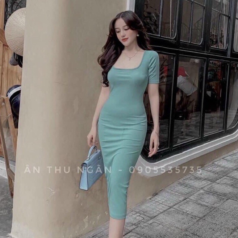 Đầm body nữ cổ vuông cộc tay vải tăm form ôm chất đẹp