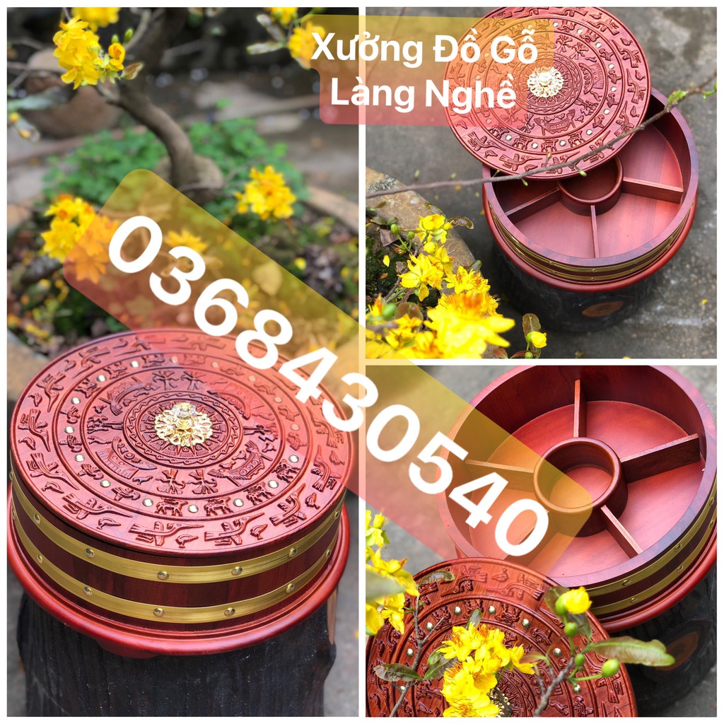 Khay Đựng Bánh Kẹo Mứt Tết Bằng Gỗ Trống Đồng Đông Sơn Gỗ Hương [ Gỗ hương 100%_Hàng loại 1]