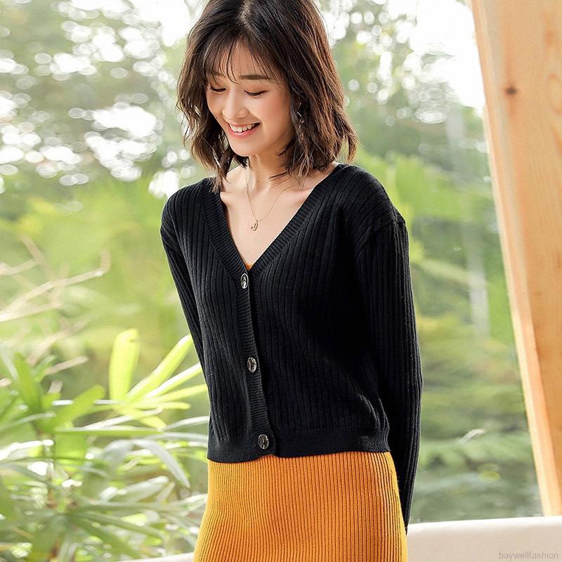[Baywellfashion]Áo khoác cardigan màu trơn phối nút thiết kế cổ chữ V quyến rũ | BigBuy360 - bigbuy360.vn