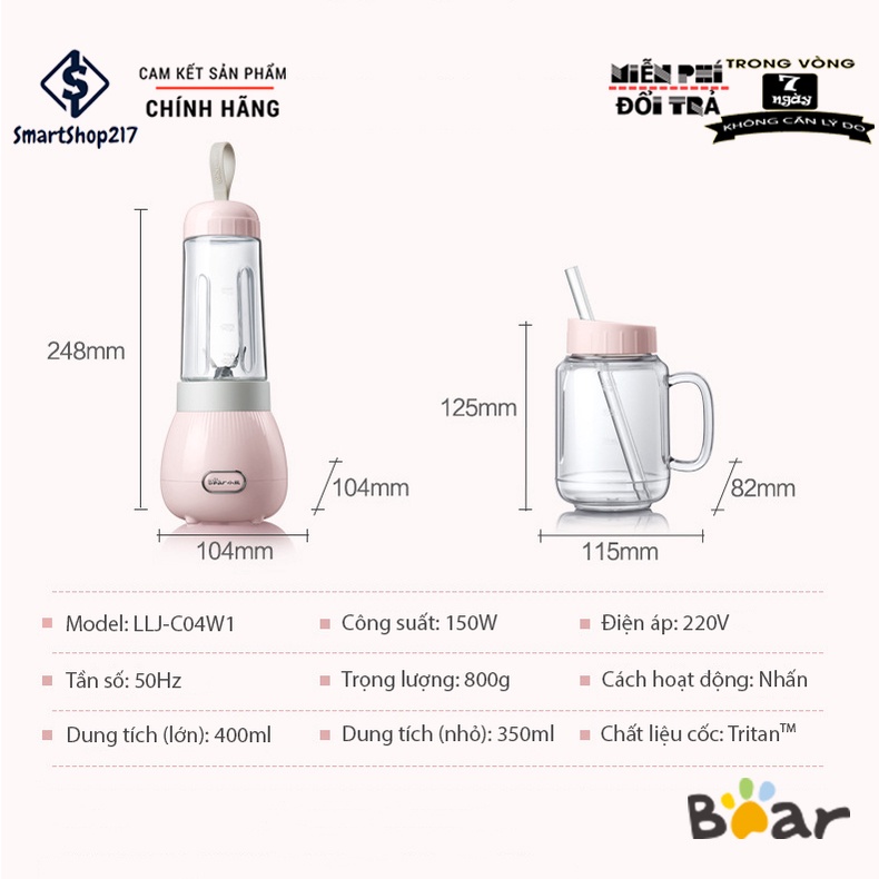 [Hàng Có Sẵn] Máy Xay Sinh Tố Mini Bear LLJ-C04W1 - Bảo Hành 12 Tháng