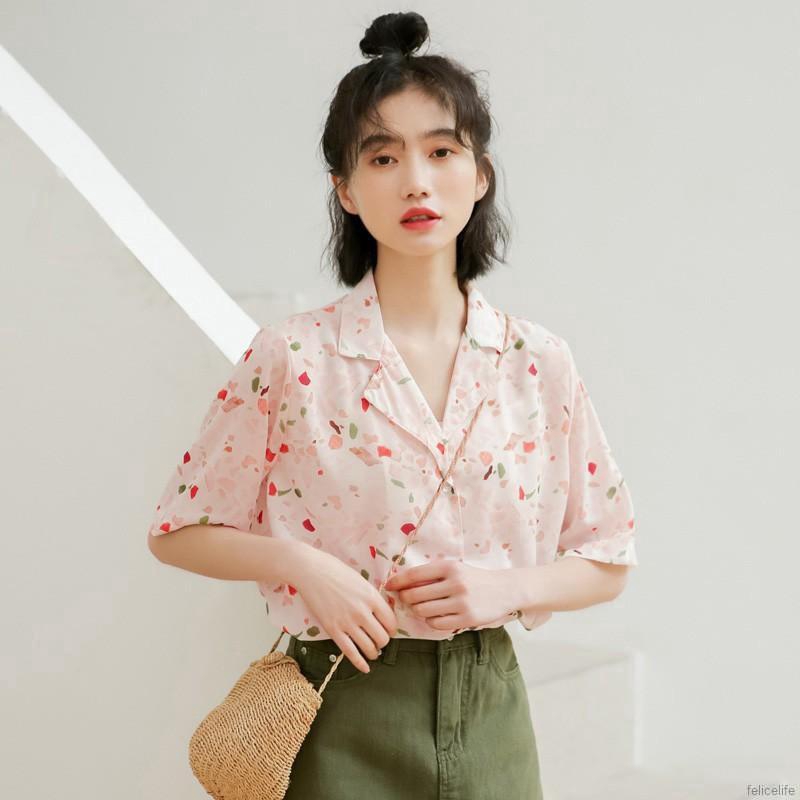 [Mã FASHIONGREEN94 giảm tới 30K đơn 99K] Áo kiểu tay ngắn chất Chiffon hoạ tiết in phong cách retro