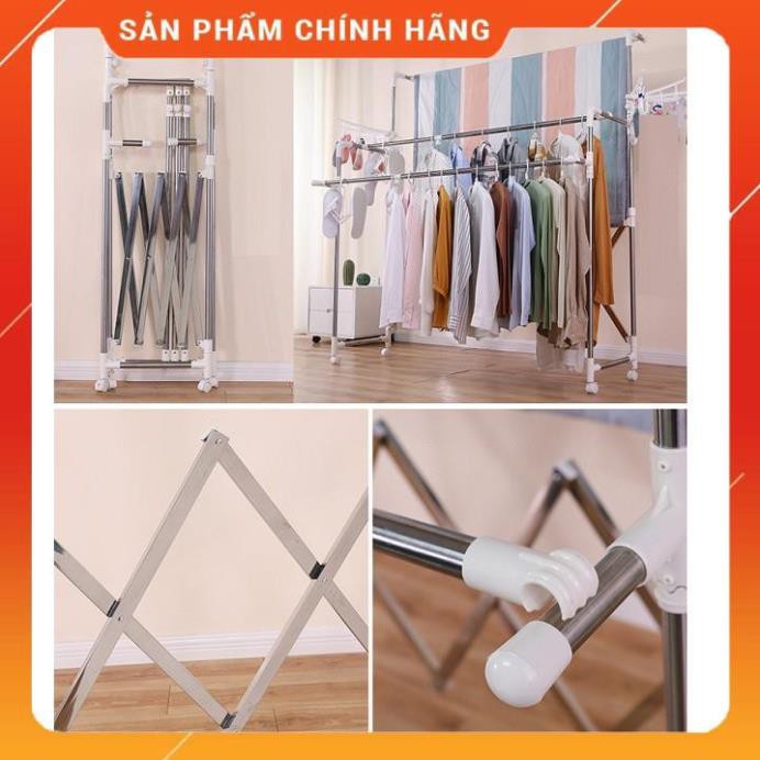 Giàn phơi quần áo inox gấp gọn có bánh xe 360 độ, khung treo quần áo không gỉ 2 và 3 tầng cao cấp