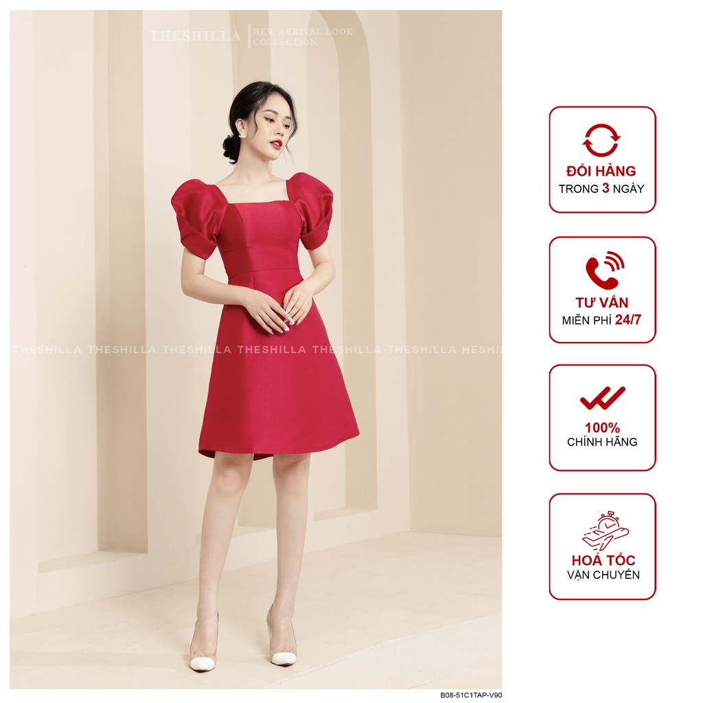 Váy thiết kế cao cấp màuđỏ tay phồng cổ vuông [ Có video + Ảnh thật ] The Shilla - B08-51B7