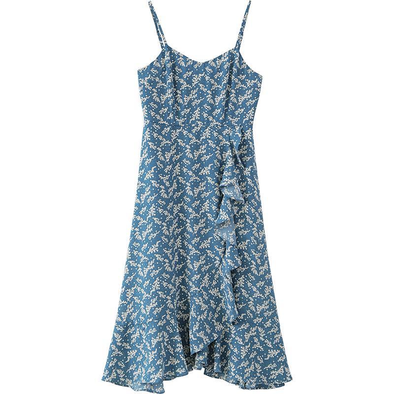 Đầm hai dây màu xanh dương in họa tiết hoa phong cách thời trang Pháp dành cho nữ