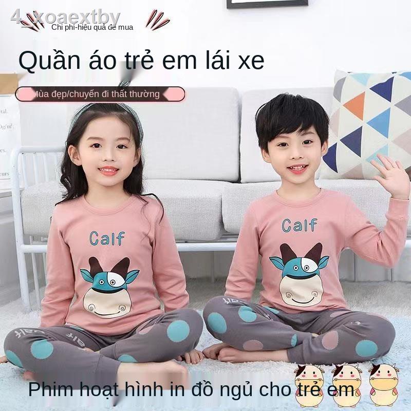 ∋✙Bộ quần áo cotton trẻ em, bộ quần áo mùa thu bằng cotton tinh khiết mùa xuân và mùa thu, quần dài, đồ ngủ cotton ấm áp