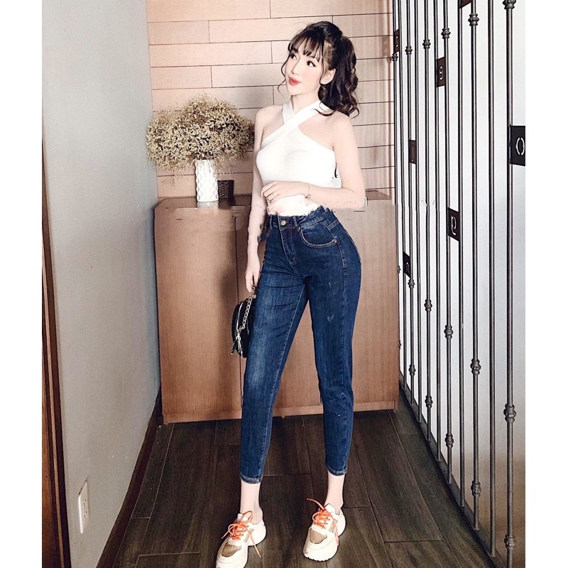 Quần jean nữ big size phom baggy lưng cao, rách ít, vải co dãn mạnh 2977