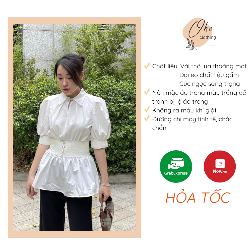 Áo Sơ Mi Công Sở Nữ Ngắn Tay Đai Eo Chất Lụa Thô Thoáng Mát, Sơ Mi Kiểu Hàn Quốc Đi Làm OHO CLOTHING