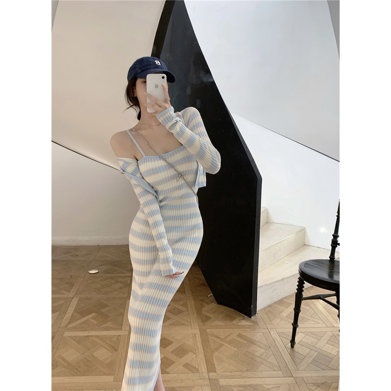 QKOOLE  Set Áo cardigan Chống Nắng + Chân Váy Dệt Kim Thời Trang Hàn Quốc Cho Nữ