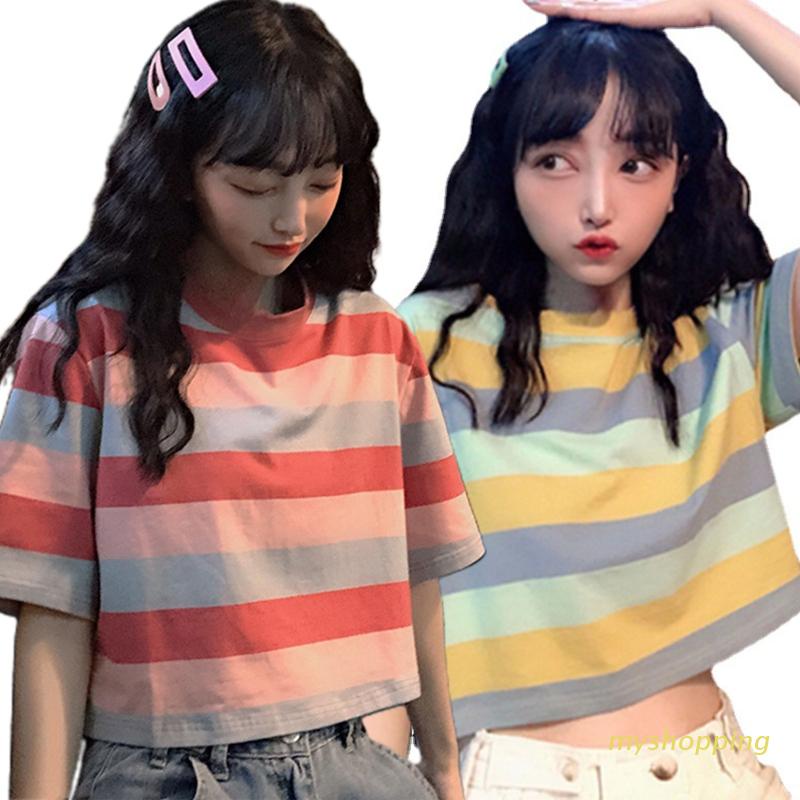 Áo Thun Crop Top Tay Ngắn Cổ Tròn Họa Tiết Sọc Cầu Vồng Nhiều Màu Sắc Phong Cách Harajuku Dành Cho Nữ