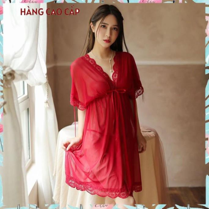 Váy ngủ ren sexy bẹt vai mặc hai kiểu đồ ngủ big size voan thun Thư Thư [HÀNG CAO CẤP]