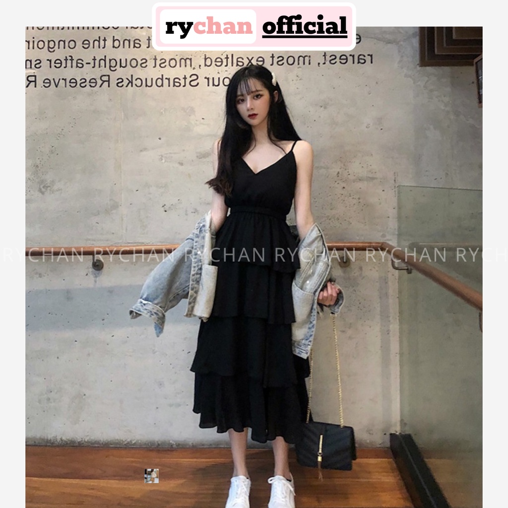 Đầm Maxi Dạo Biển 4 Tầng Màu Đen Hai Dây Bo Chun Eo - DX695