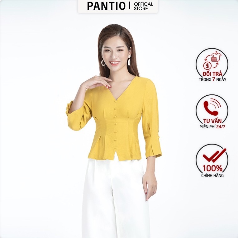 Áo sơ mi nữ cổ tim, tay lỡ, đính cúc FAS12555 - PANTIO - HÀNG MỚI VỀ
