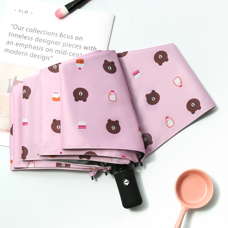 Ô Dù Che Nắng Cầm Tay Gấp Gọn Hình Gấu Brown Vải 3 Lớp Chống Tia UV