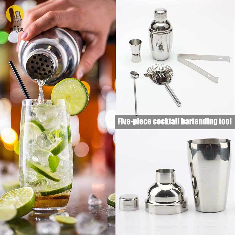 WiJx 5pcs/set Stainless Steel Cocktail Shaker Drink Mixer Clip Bartender Tools Kit